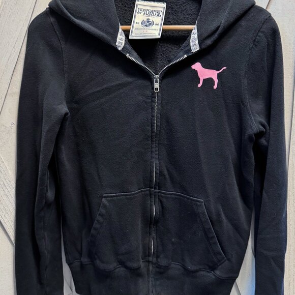 Victorias Secret Black PINK PINK PINK Hoodie Zip Zipper Sweatshirt S Small - Picture 5 of 5